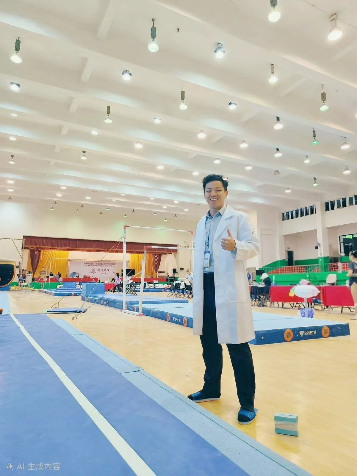 程皓醫師身穿白袍站在 2026 年全國大專運動會競技體操看板前